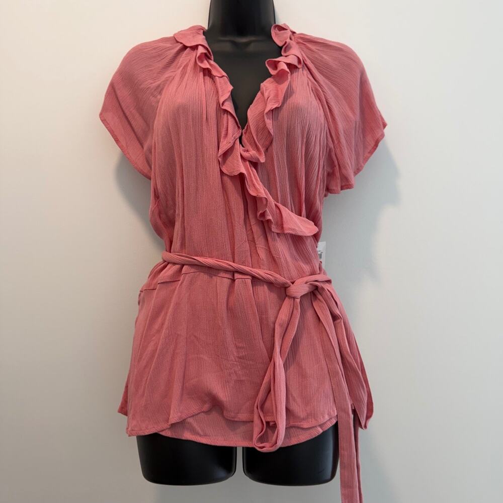 Old Navy Women's XL Dusty Rose Ruffle Wrap Blouse Top Tie Waist Crinkle Rayon